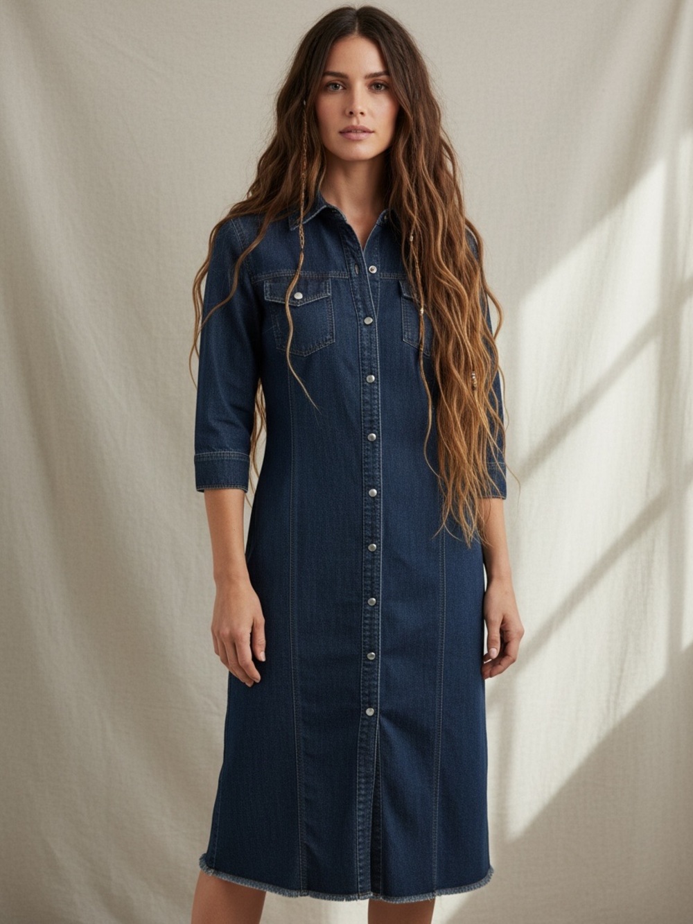 VTG Santa Barbara Denim Jean Snap Front Raw Hem Shirt Dress Size 7